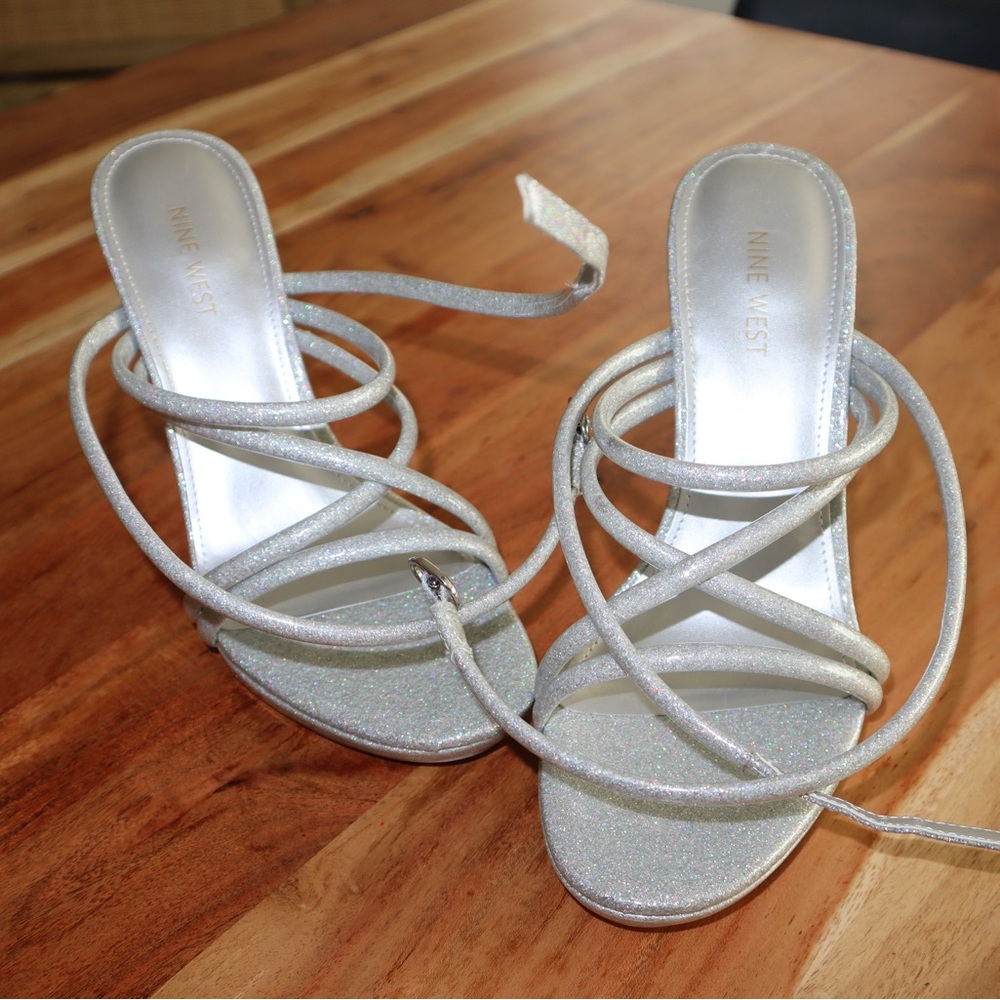 Nine West Glittery Silver Strappy Heels